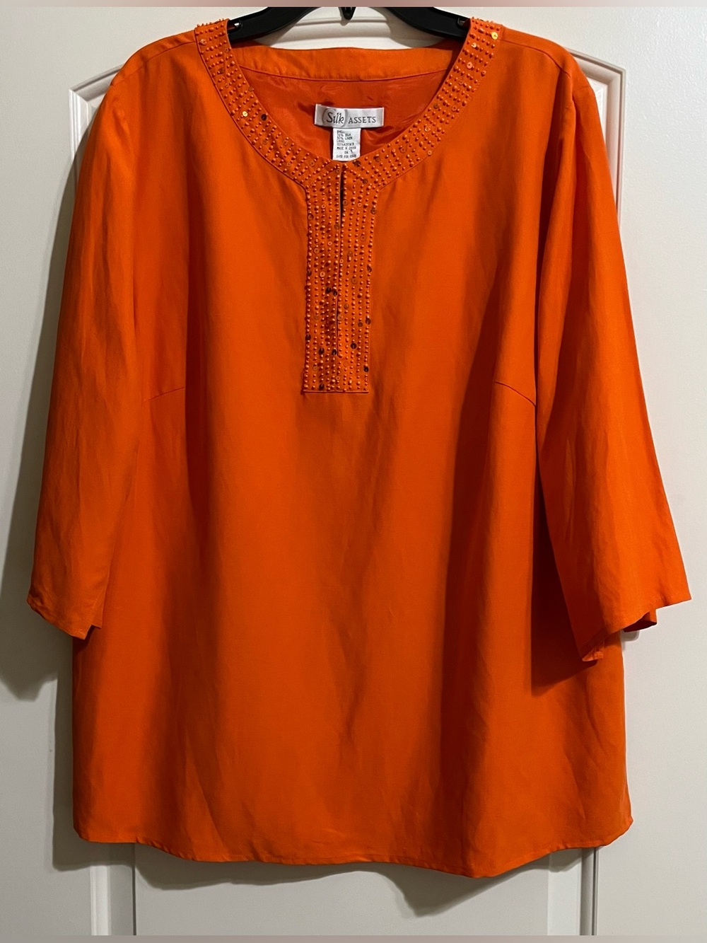 NWT Silk Assets Women’s Silk Linen Orange Beaded Sequins Embellished Blouse 1X
